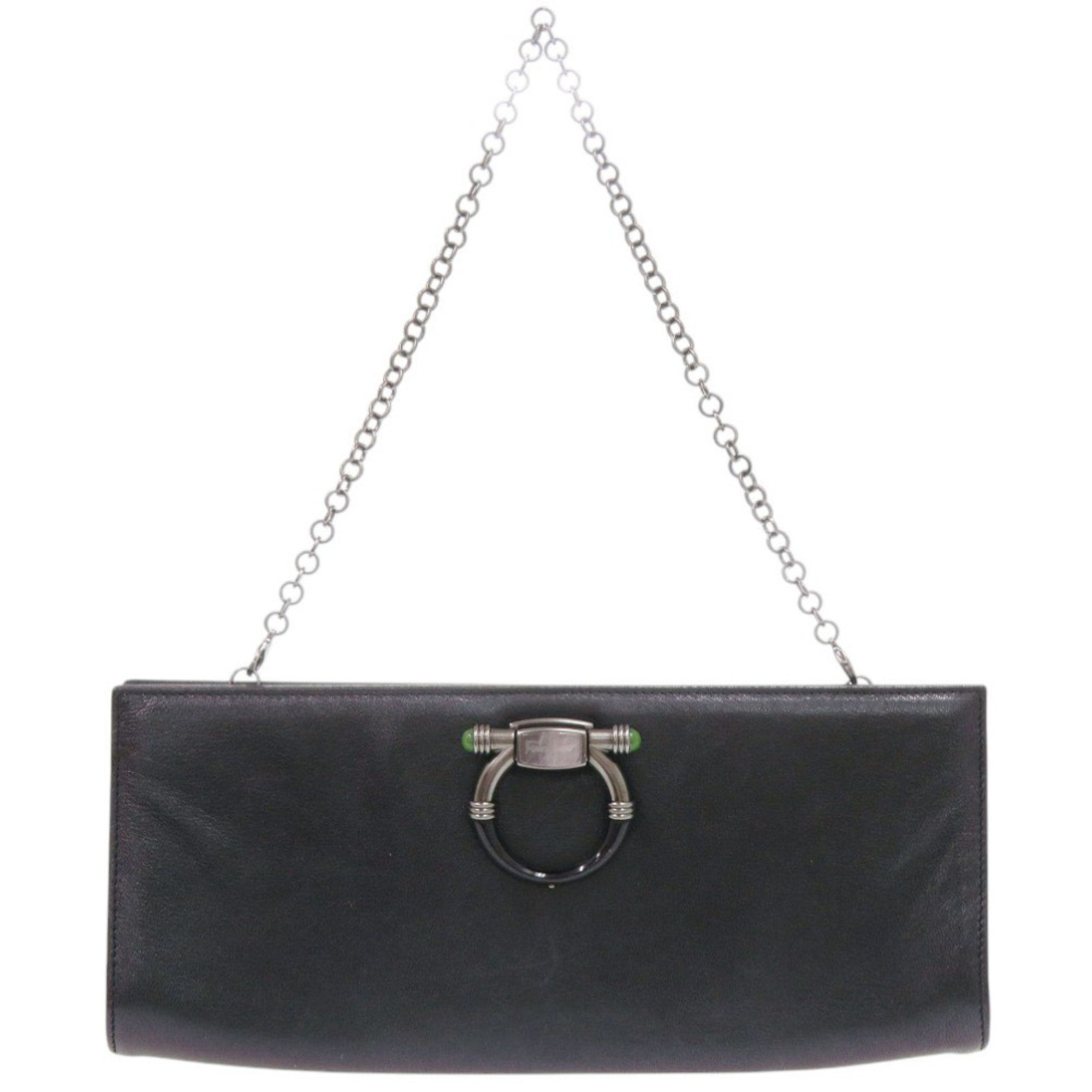 Salvatore Ferragamo Gancini Eo-21 B385 Leather Metallic Gray Chain Shoulder B...